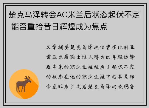 楚克乌泽转会AC米兰后状态起伏不定 能否重拾昔日辉煌成为焦点 楚克乌泽转会AC米兰后状态起伏不定 能否重拾昔日辉煌成为焦点