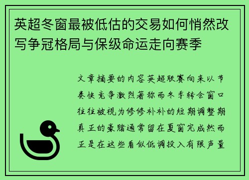 英超冬窗最被低估的交易如何悄然改写争冠格局与保级命运走向赛季 英超冬窗最被低估的交易如何悄然改写争冠格局与保级命运走向赛季
